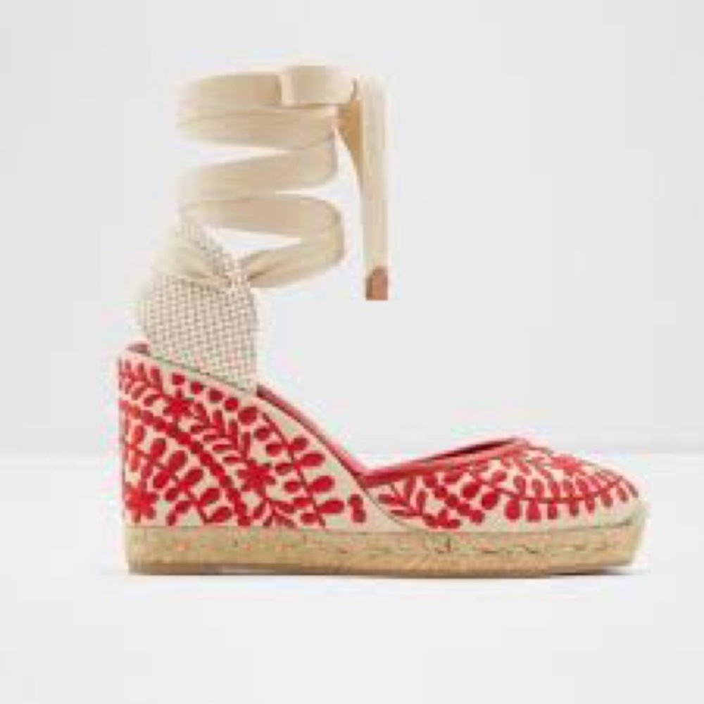Aldo Muschino Women's Wedge
Espadrilles Tie Ankle Sandal Red/
Beige Size 8.5